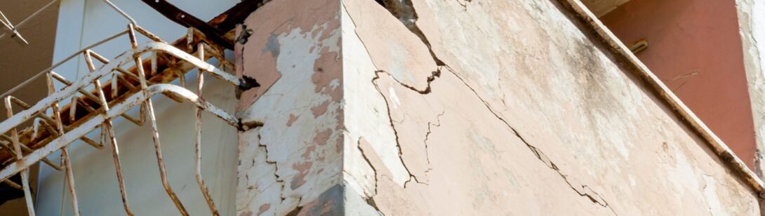 Balconies with cracked concrete and rusty irons requiring renovation.